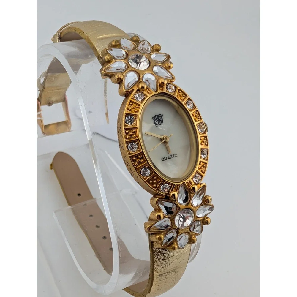 Elizabeth Taylor Rhinestone Watch Women 20mm Case Gold‎ Band- New Battery